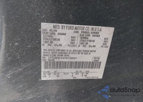 2000 Ford F-350 Lariat/Xl/Xlt из США, поврежденный, VIN 1FTSW31F4YEC54031